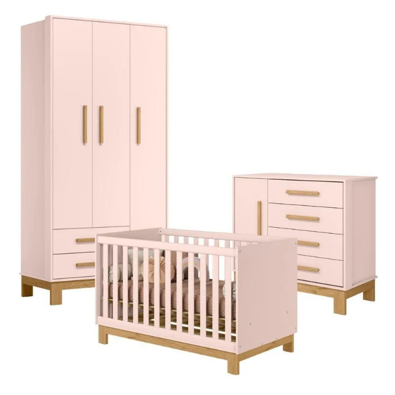 Berço Cômoda e Guarda Roupa Jogo Monet Infantil MDP Rosa Acetinado Qmovi