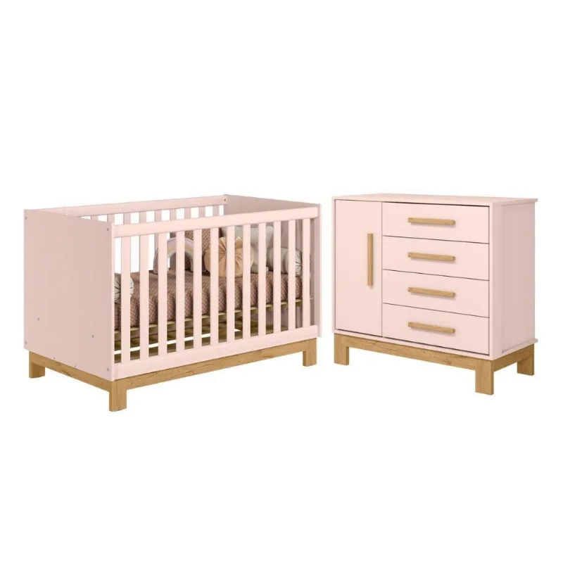 Berço e Cômoda Casa do Lótus Converte em Mini Cama Rosa Acetinado Qmovi