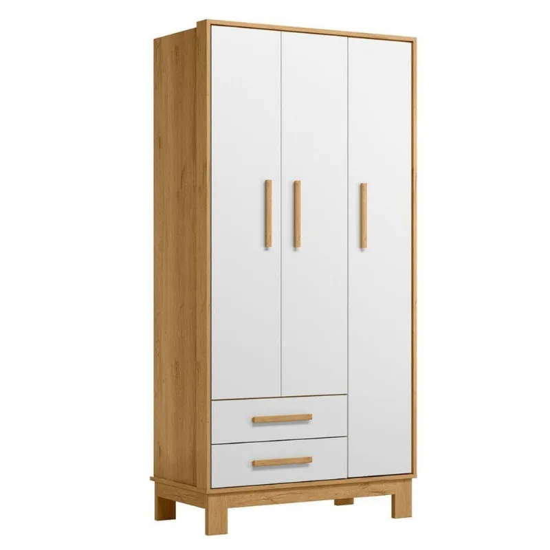 Guarda Roupa Solteiro Brisa Alta 3 Portas de Bater 2 Gavetas Freijó Branco Acetinado Qmovi