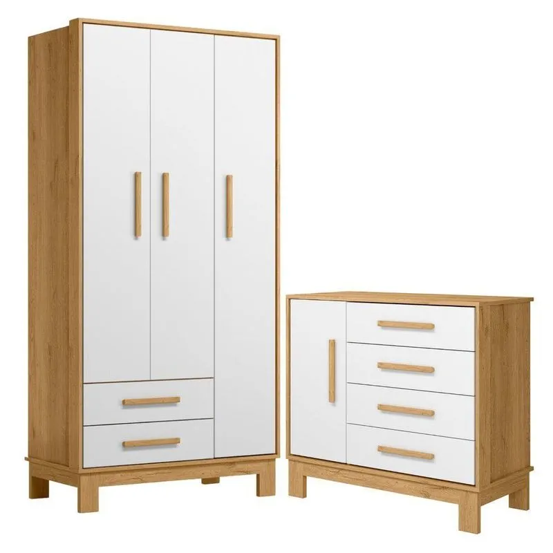 Conjunto Guarda Roupa E Cômoda Villa Savana 3 Portas MDP Branco Qmovi