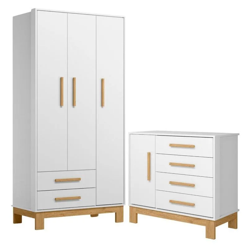 Conjunto Guarda Roupa E Cômoda Ponto Nobre 4 Portas 6 Gavetas Mdp Branco Acetinado Qmovi