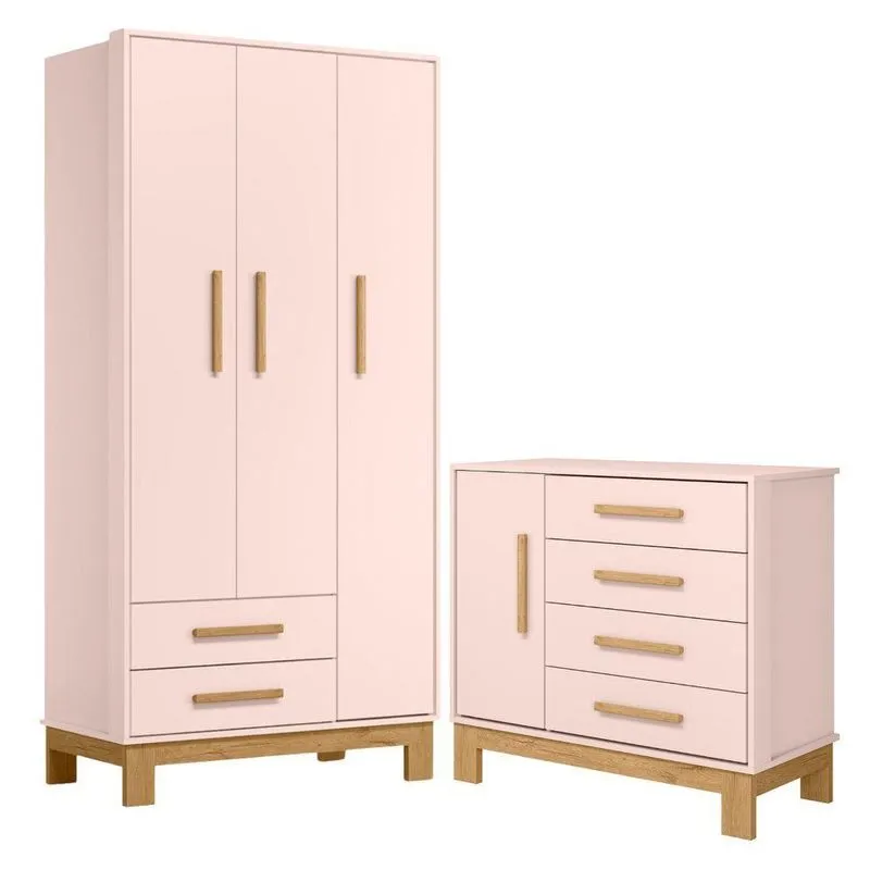 Conjunto Guarda Roupa E Cômoda Monet 4 Portas 6 Gavetas Mdp 94cm Rosa Qmovi