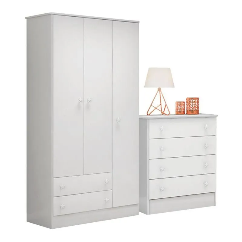Conjunto Guarda Roupa E Cômoda Solar 3 Portas 6 Gavetas Mdp Branco Qmovi