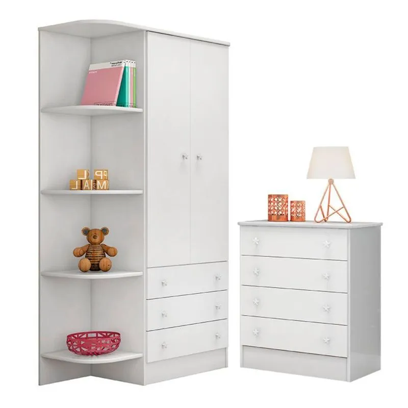 Conjunto Guarda Roupa E Cômoda Parma 2 Portas 4 Gavetas Branco Qmovi