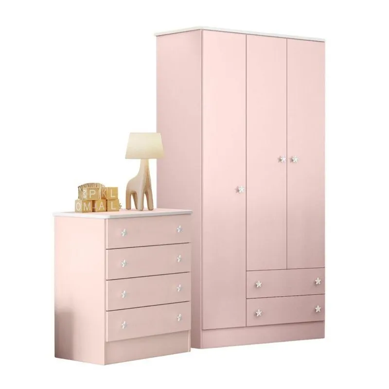 Conjunto Guarda Roupa e Cômoda Casa do Bosque 3 Portas Giratória 6 Gavetas MDP Rosa Acetinado Qmovi