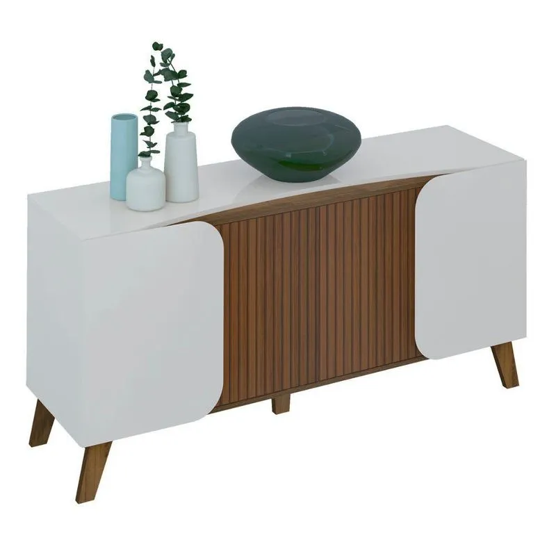Buffet Mármore Retrô Vintage 4 Portas 2 Prateleiras MDF MDP Off White Pinho Ripado Artely
