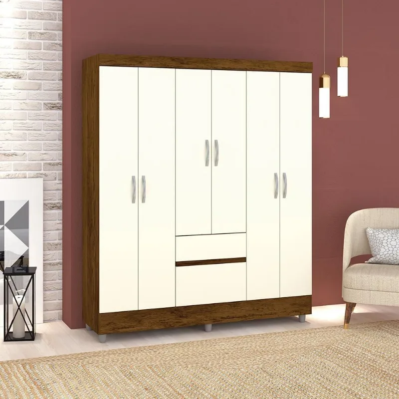 Guarda Roupa Casal Otto 6 Portas de Bater 2 Gavetas Imbuia Champanhe Vila Rica