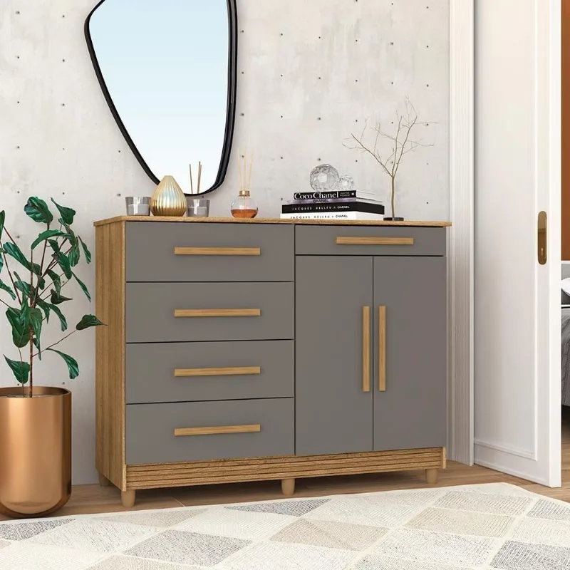 Cômoda Zenit 2 Portas 5 Gavetas MDP Puxadores MDF Nature Cinza Vila Rica