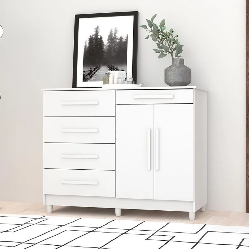 Cômoda Sapateira Orion 5 Gavetas MDP Puxador MDF Branco Vila Rica