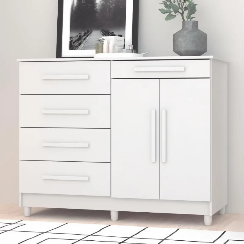 Cômoda Luca 2 Portas 5 Gavetas MDP Puxadores MDF Branco Vila Rica