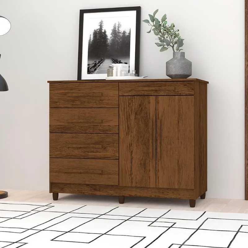 Cômoda Piazza Nobre 2 Portas 5 Gavetas MDP Puxadores MDF Imbuia Vila Rica