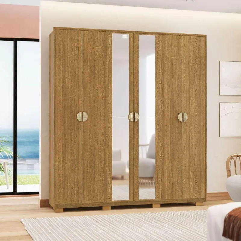 Guarda Roupa Casal Rima 6 Portas de Bater 4 Gavetas MDF Nature Vila Rica 203CM
