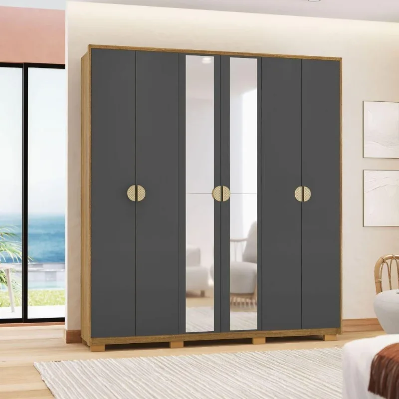 Guarda Roupa Casal Levi 6 Portas de Bater 4 Gavetas MDF Nature Alasca Vila Rica