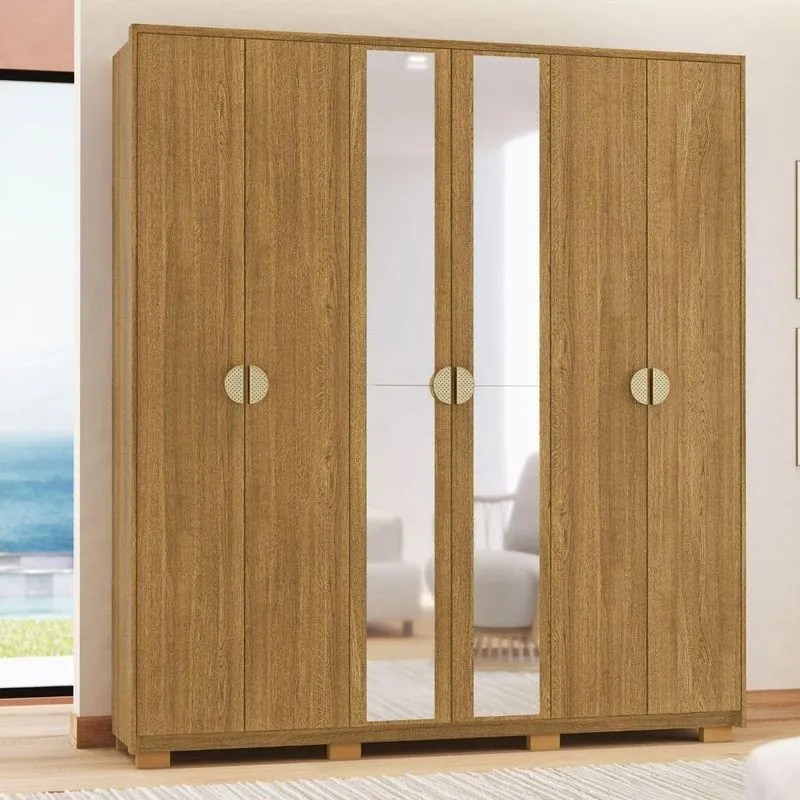 Conjunto Quarto Guarda Roupa E Cômoda Prisma Nature 6 Portas 4 Gavetas Mdp 203cm Marrom