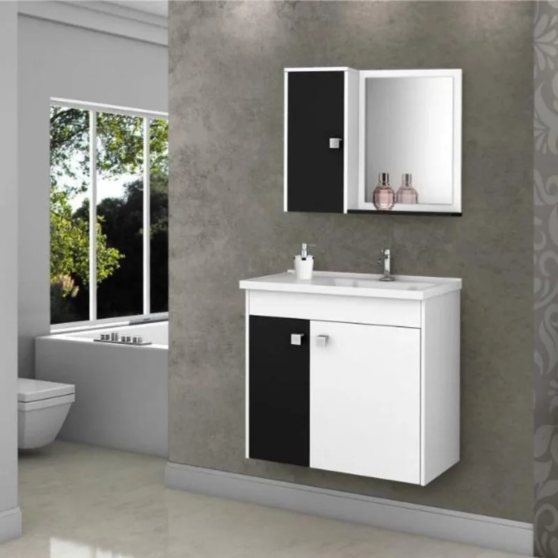 Gabinete com Espelheira para Banheiro Aquarela 3 Portas MDP 56CM Branco Preto