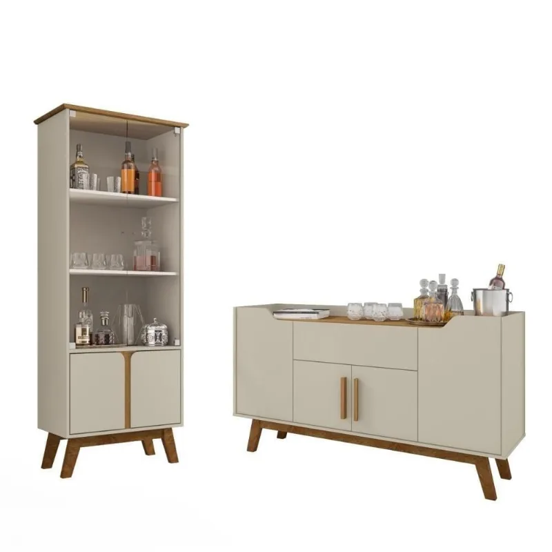 Conjunto de Aparador e Cristaleira Savana Retrô 4 Portas 1 Gaveta MDF-MDP Off White Cinamomo Bechara