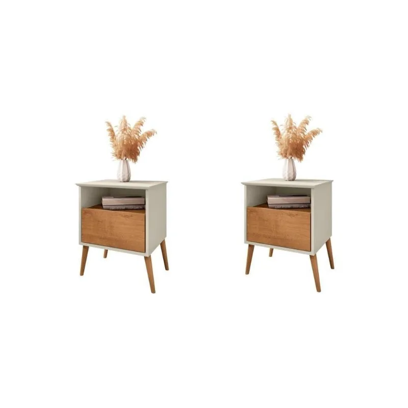 Mesa de Cabeceira Solar Conjunto 1 Gaveta MDF MDP Retrô Off White Naturalle Bechara Móveis