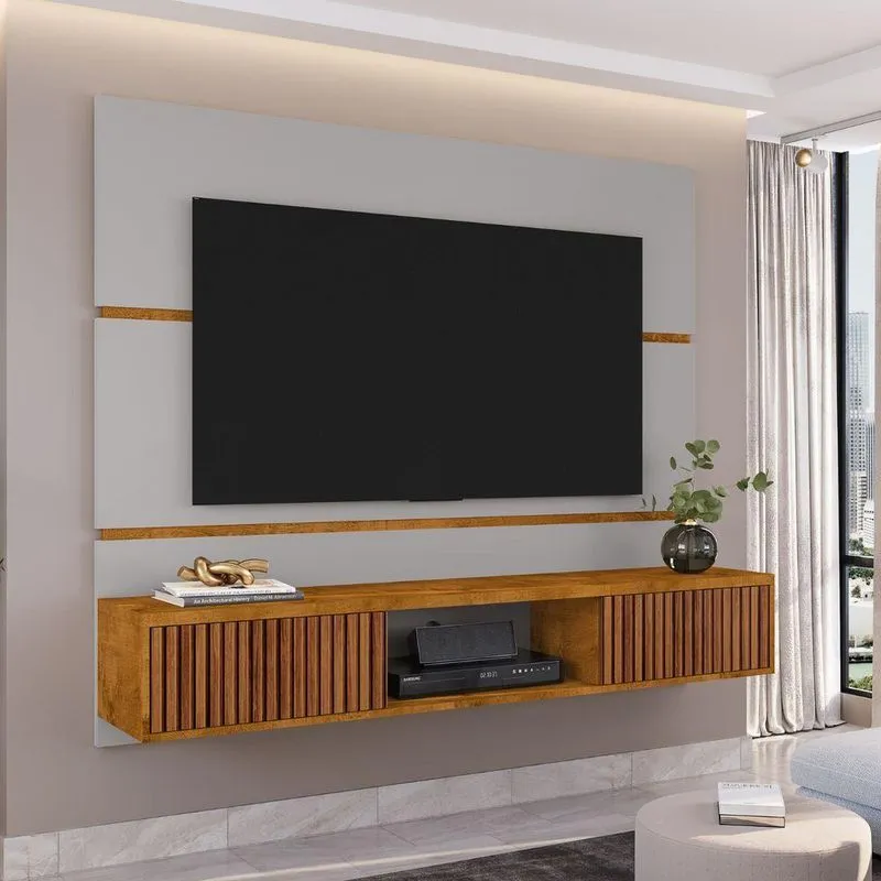 Painel Para TV Vera 65 Polegadas MDF Ripado Off White Nature Bechara Móveis