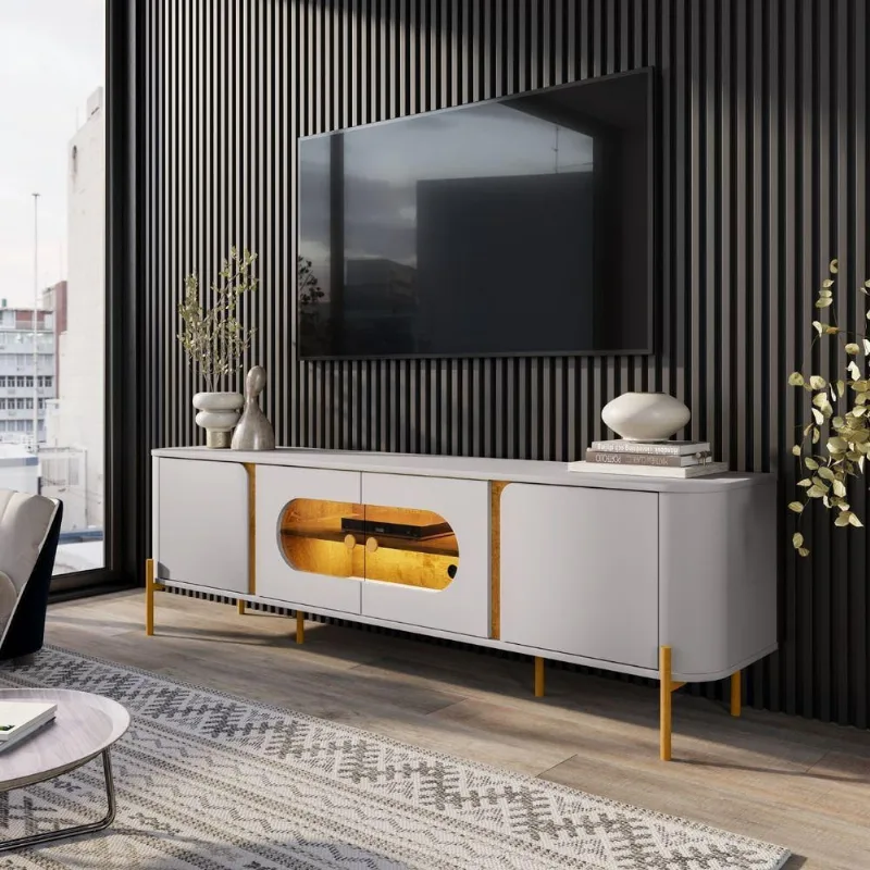 Rack para TV Bianca TH SHOP 75 Polegadas 180CM MDF MDP com LED Off White Nature Bechara Móveis