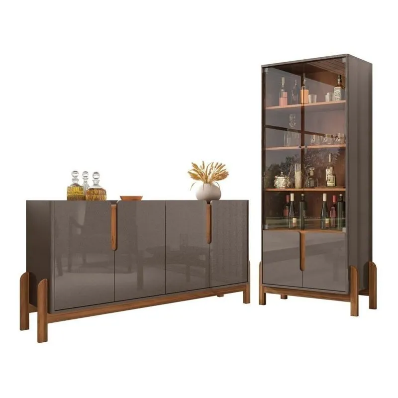 Conjunto De Buffet E Cristaleira Jayce Cinza E Cedro Mdf Mdp Com Pés Casa D Móveis