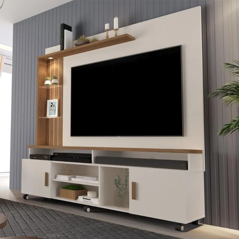 Home para TV Home Davi para Tv 80 Polegadas 180CM MDP com LED Off White e Canela