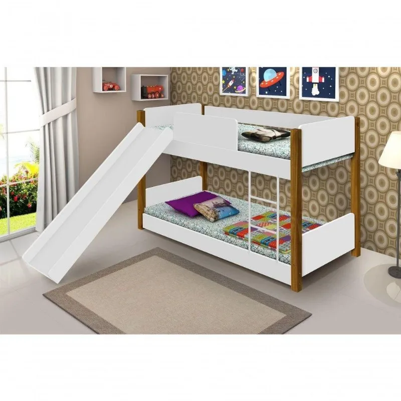 Beliche Infantil Bosque Alto com Escorregador MDF Branco Mel com Grade de Protecao Divaloto Móveis