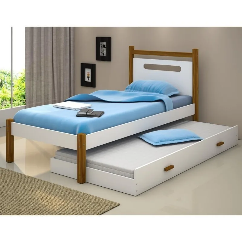 Cama Bicama Solteiro Helo com Auxiliar e Colchões MDF Branco Divaloto Móveis