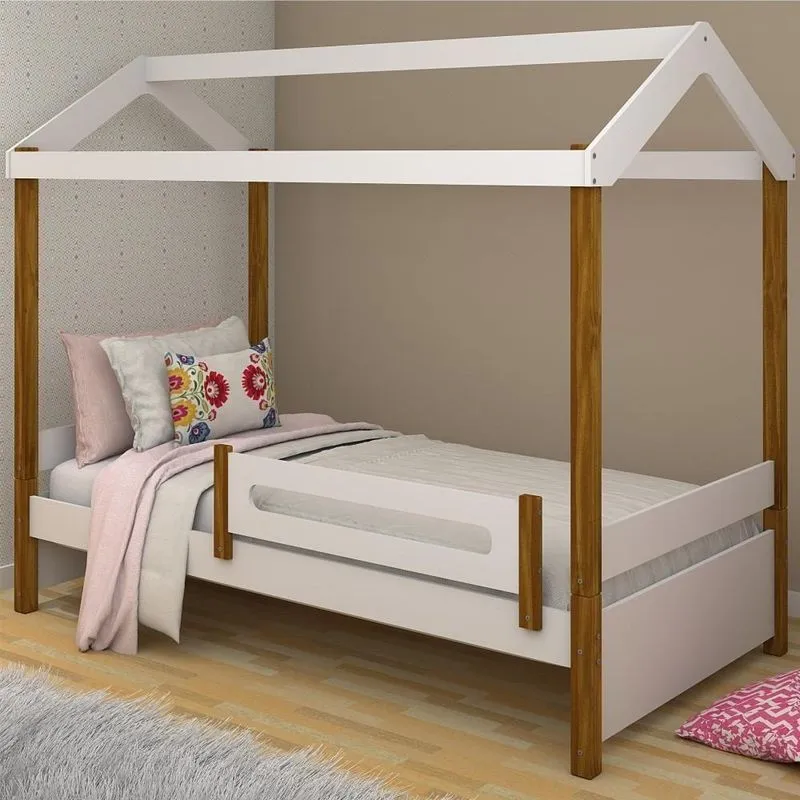 Cama Montessoriana Solteiro Ari com Grade MDF Branco Mel Divaloto Móveis