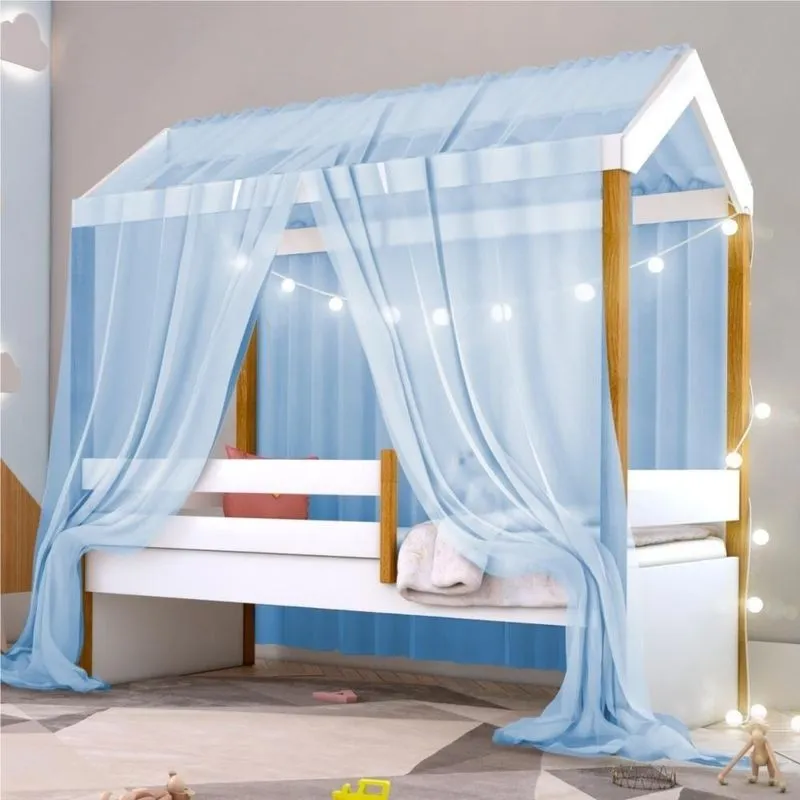 Cama Montessoriana Solteiro Benício Exclusiv com Fio de Luz LED MDF Azul Branco Divaloto Móveis