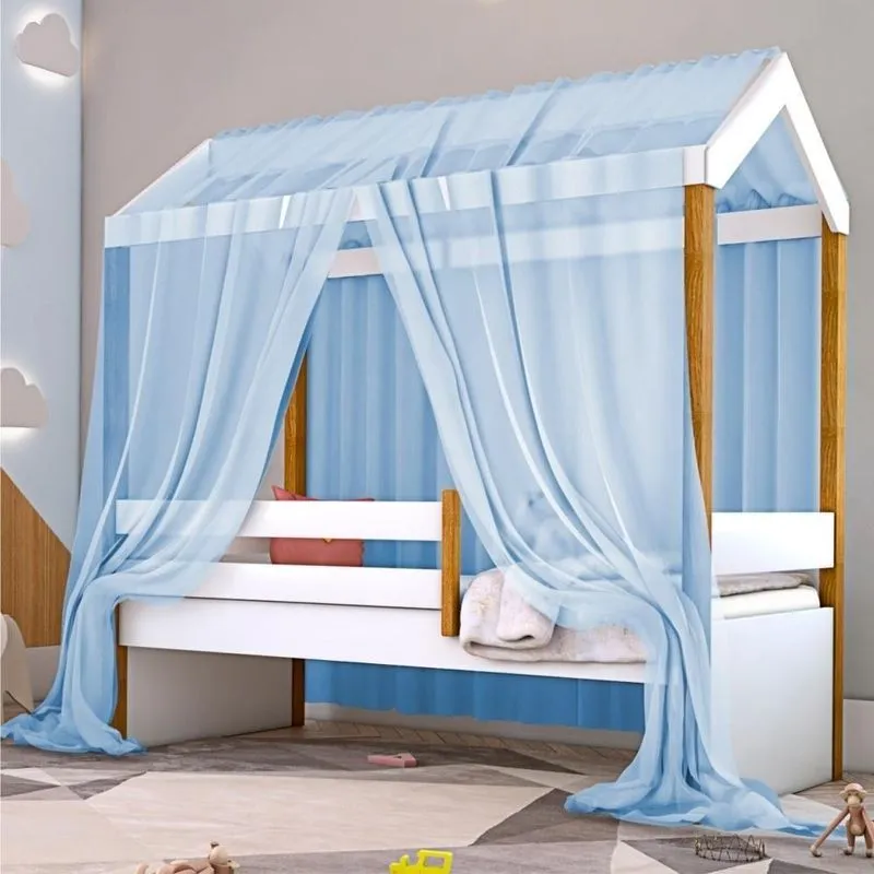 Cama Montessoriana Solteiro Exclusiv com Voal e Grade MDF Branco Azul Divaloto Móveis