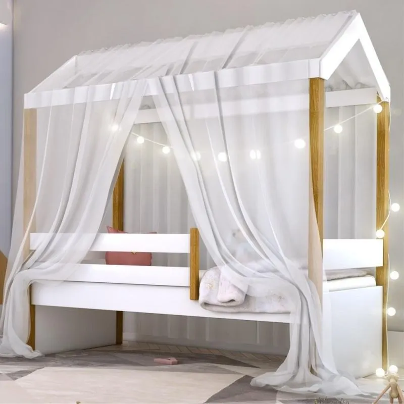 Cama Montessoriana Solteiro Exclusiv Fio de Luz e Voal Branco MDF com LED Divaloto Móveis