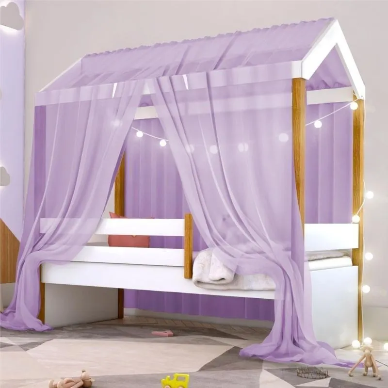 Cama Montessoriana Solteiro Vila Serena Exclusiv com Fio de Luz LED e Voal MDF Branco Lilás Divaloto