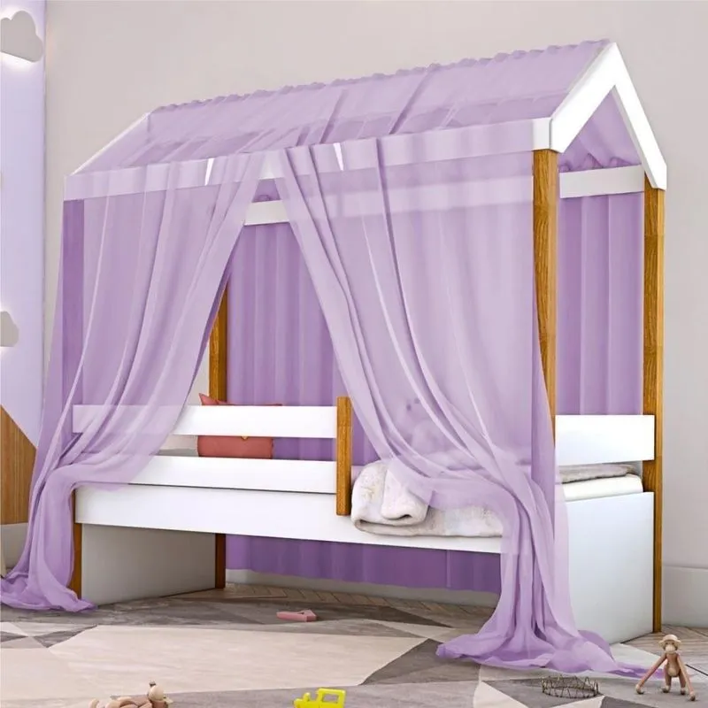 Cama Montessoriana Solteiro Villa Aurea com Grade e Voal MDF Branco Divaloto Móveis