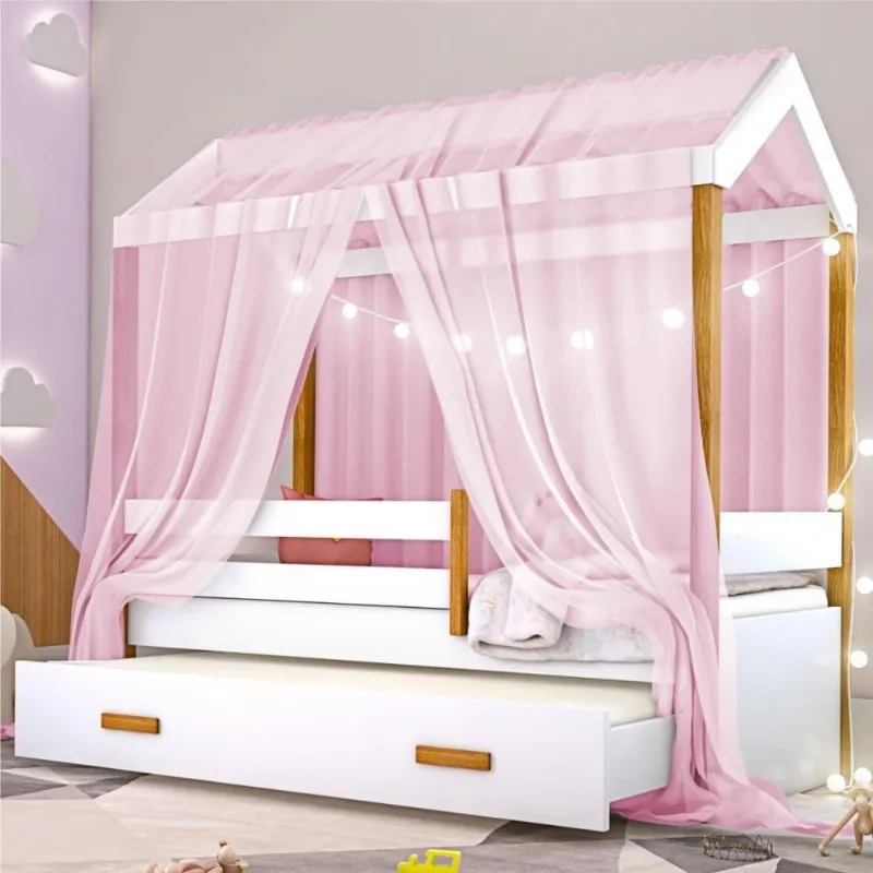 Bicama Montessori Exclusiv Solteiro Fio de Luz e Voal MDF Rosa com Grade de Proteção Divaloto Móveis