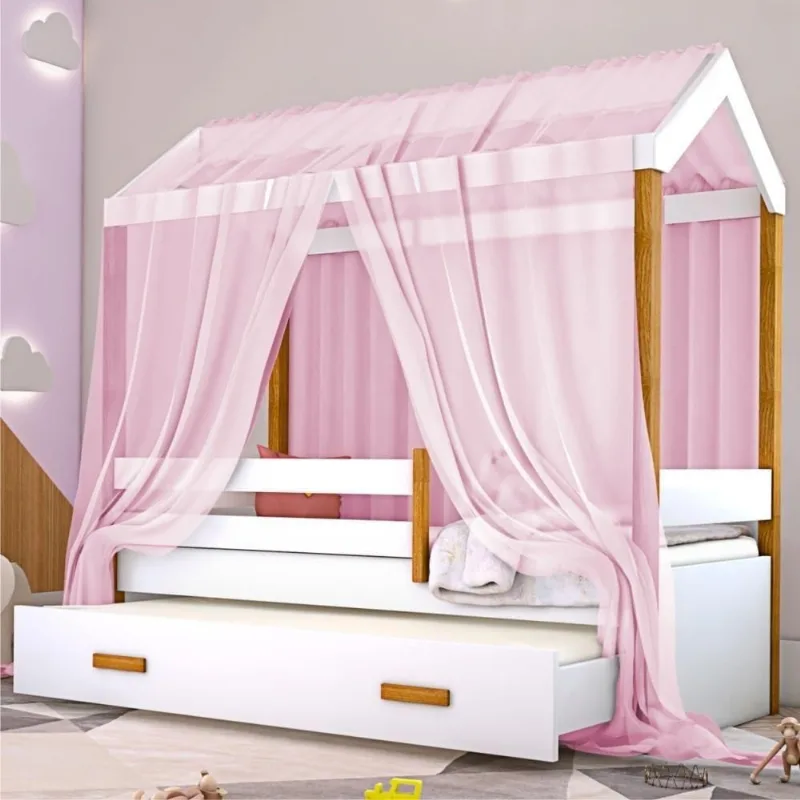 Bicama Montessoriana Solteiro com Grade e Cama Auxiliar MDF Rosa Divaloto Móveis