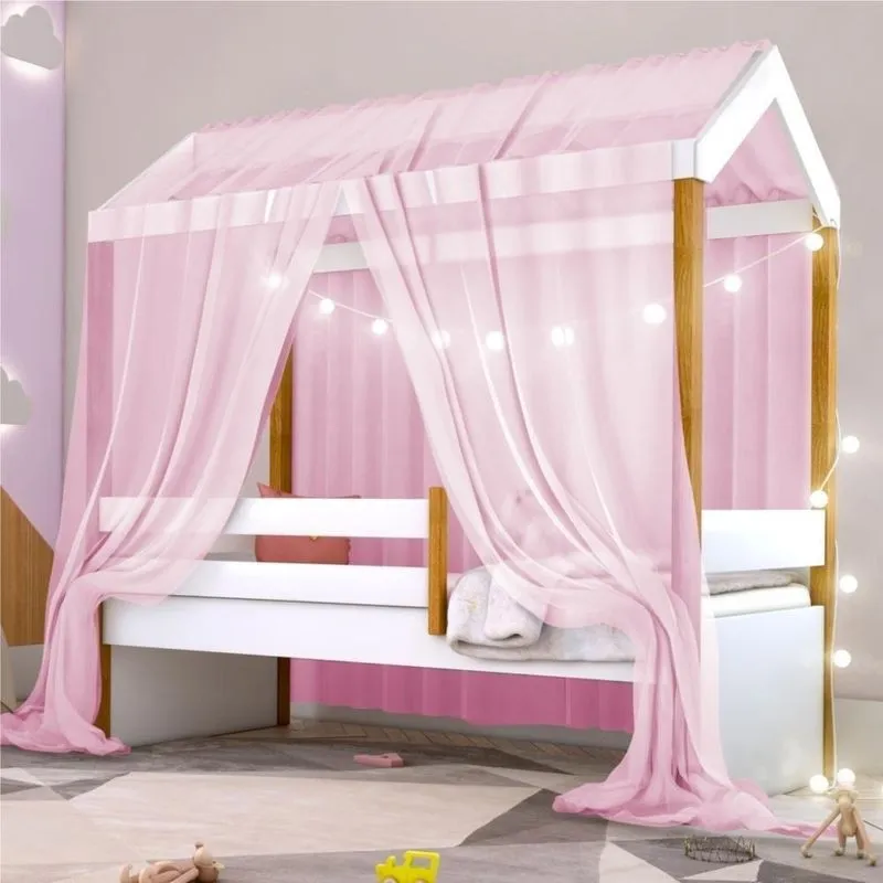 Cama Montessoriana Solteiro Renoir com Fio de Luz LED e Voal MDF Rosa Divaloto Móveis