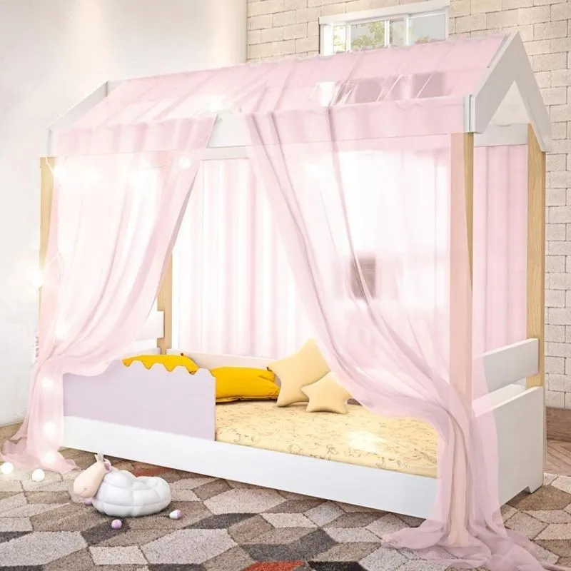 Cama Solteiro Cama Jéssica Aura Serena com Voal Rosa LED MDF Branco Rosê Divaloto Móveis