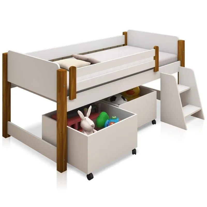 Cama Infantil Cama Elevada Magia com Nichos MDF Branco Solteiro Divaloto Móveis