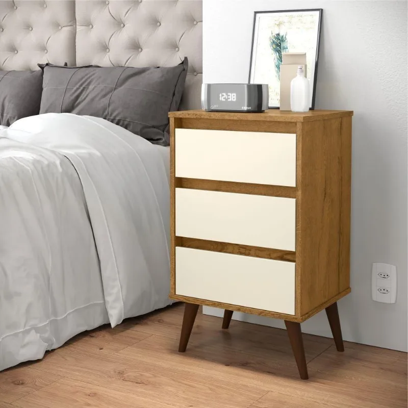 Mesa de Cabeceira Mundo Retrô Freijo Off White 3 Gavetas MDP EJ Móveis
