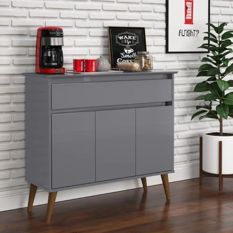 Aparador Buffet Brisbane Retrô 3 Portas 1 Gaveta MDF-MDP Cinza EJ Móveis