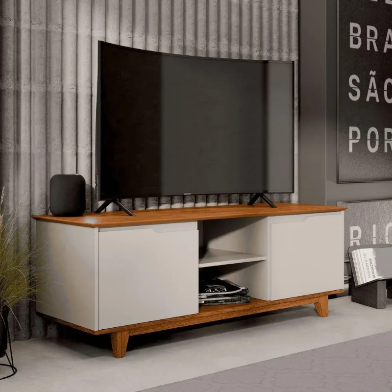 Rack Balcão Mármore TH SHOP 139CM MDF-MDP Nicho Porta Off White Freijó EJ Móveis