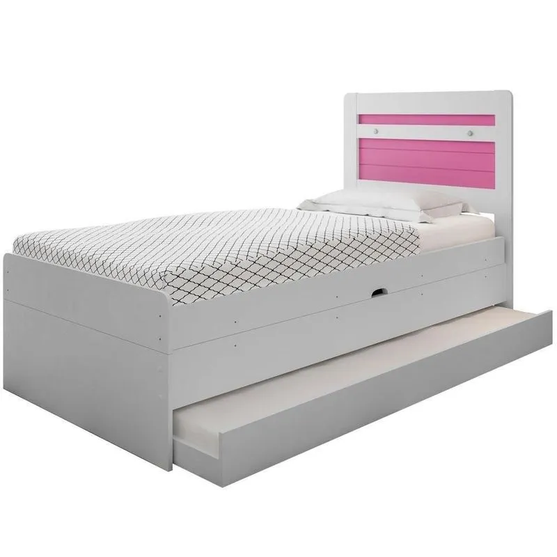 Cama Baú Larissa com Auxiliar e Colchões MDF MDP Branco Rosa Framar