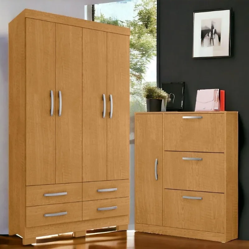 Conjunto Guarda Roupa e Sapateira Casal Enzo 4 Portas 4 Gavetas MDF MDP Naturalle Framar
