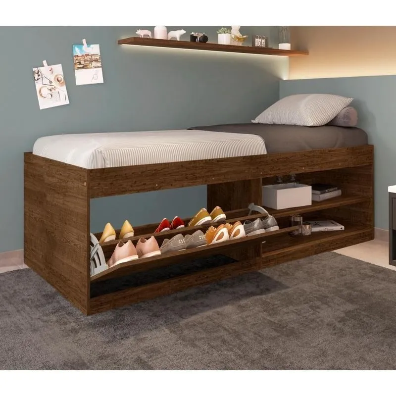 Cama Box Solteiro com Sapateira Tien Malbec MDP Marrom Framar