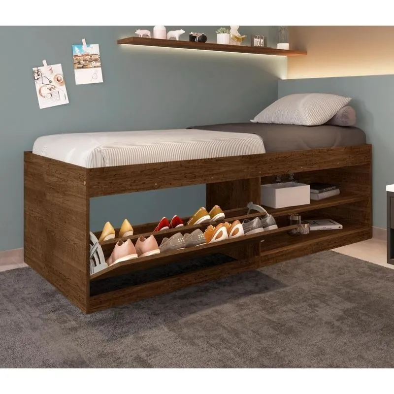 Cama Box Com Colchão Solteiro Sapateira Tien Malbec Marrom Framar