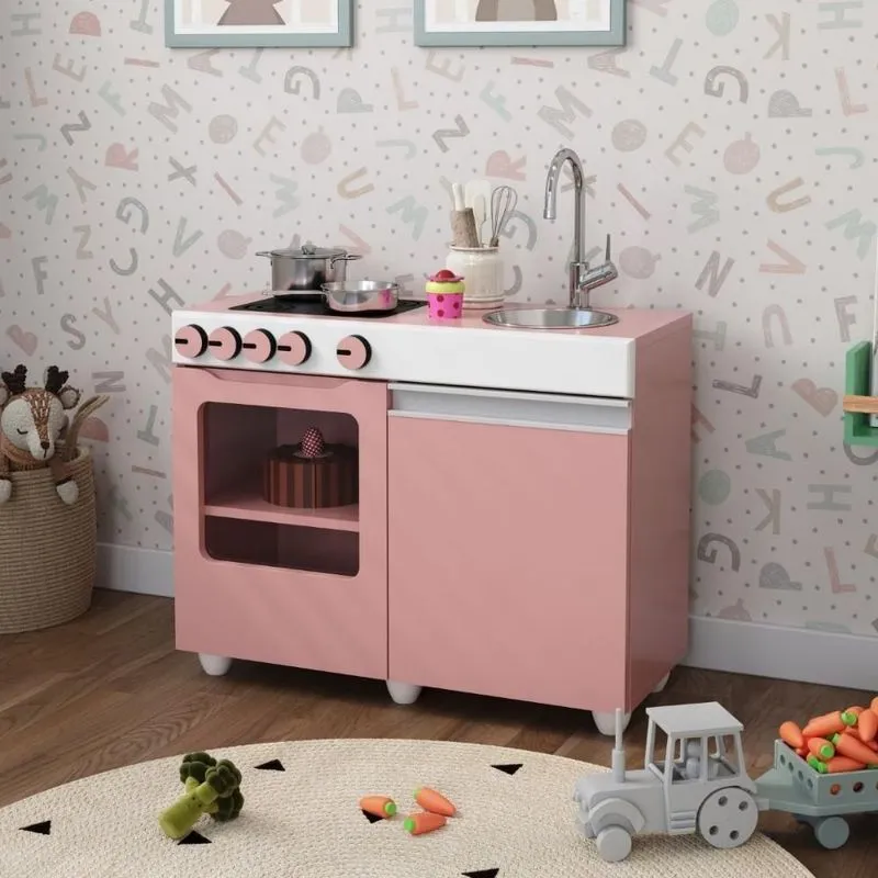 Cozinha Infantil Luli com Cooktop 5 Bocas e Forno Rosa e Branco Mais de Casa Cozinha Infantil Luli com Cooktop 5 Bocas Rosa e Branco Mais de Casa