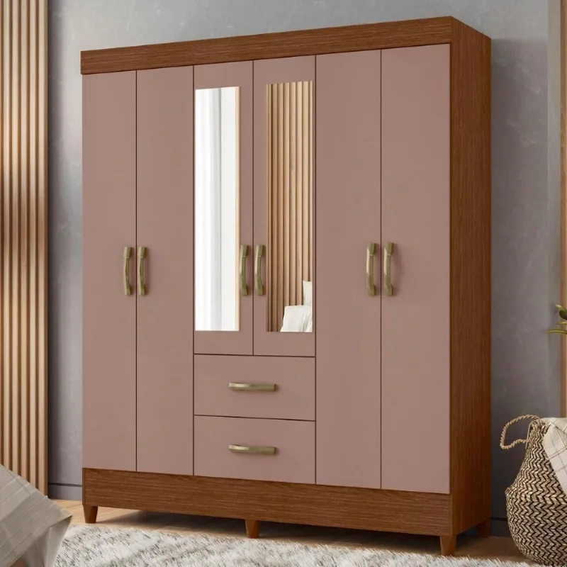 Guarda Roupa Casal Mobi Six Mirror Wide 6 Portas de Bater 2 Gavetas MDP Nogueira Cappuccino Casah