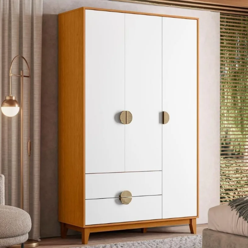 Guarda Roupa Solteiro Ipê 3 Portas de Bater 2 Gavetas MDP Cinamomo Branco Casah
