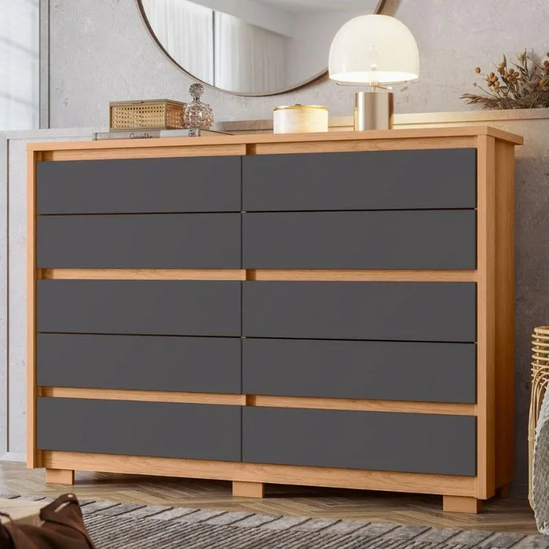 Cômoda Duetto Casal 10 Gavetas MDP Puxador MDF Freijó Titanium
