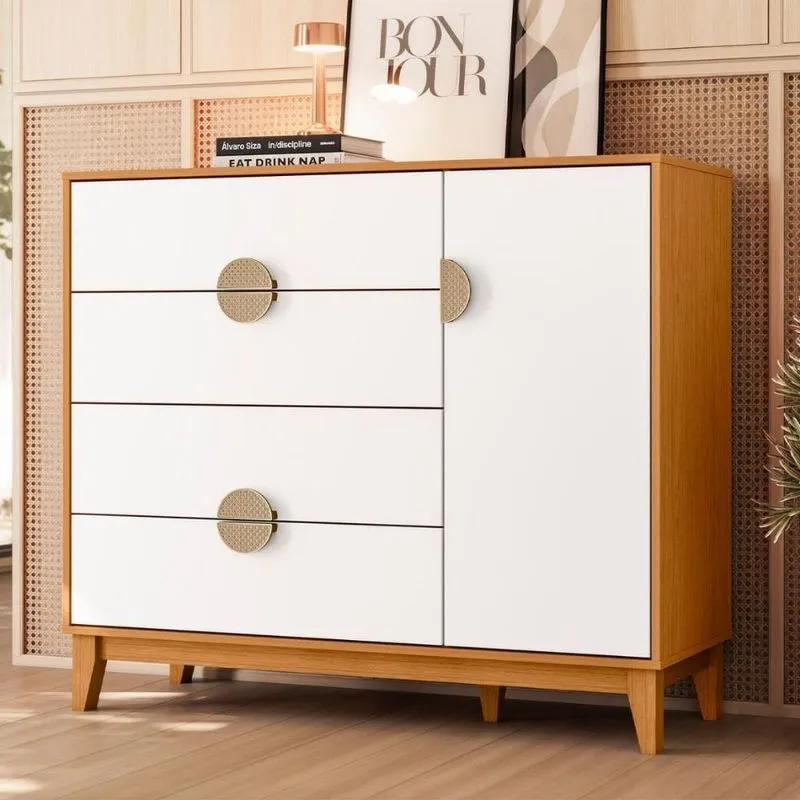 Cômoda Sapateira Ipê Natureza 4 Gavetas MDF Puxador ABS Cinamomo e Branco